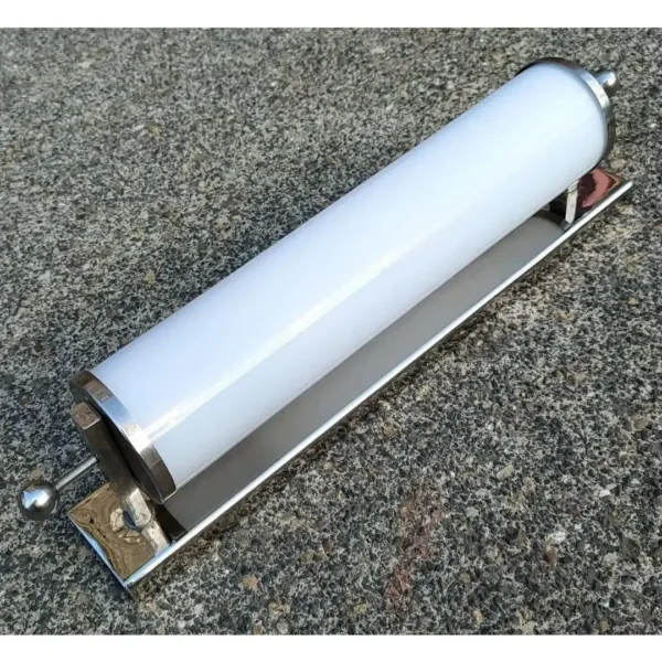 Pair Skyscraper Vintage Art Deco Wall Sconces in Nickel Brass Lamp; Milk Glass Tube Ship Light