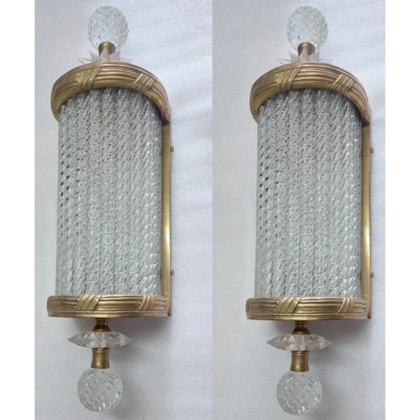 Pair Vintage Art Deco Wall Sconces Fixture Brass & Ribbed Glass Rod Ship Light