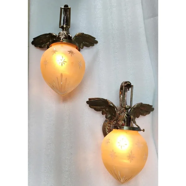 Pair Vintage Art Nouveau Deco Swan Wall Sconces in Brass & Star Glass Shade