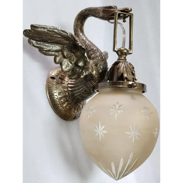 Pair Vintage Art Nouveau Deco Swan Wall Sconces in Brass & Star Glass Shade