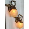 Pair Vintage Art Nouveau Deco Swan Wall Sconces in Brass & Star Glass Shade