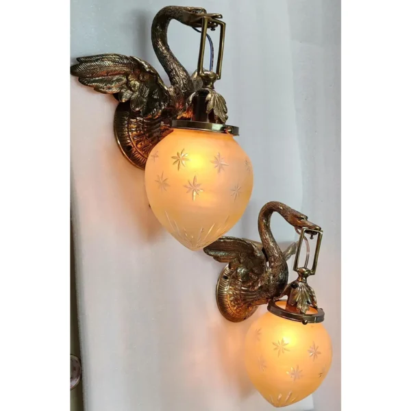 Pair Vintage Art Nouveau Deco Swan Wall Sconces in Brass & Star Glass Shade