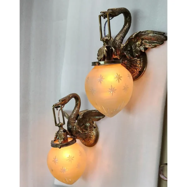 Pair Vintage Art Nouveau Deco Swan Wall Sconces in Brass & Star Glass Shade