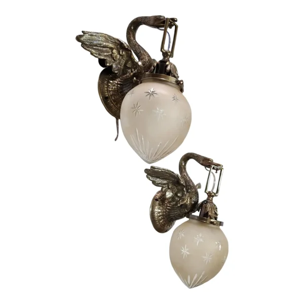 Pair Vintage Art Nouveau Deco Swan Wall Sconces in Brass & Star Glass Shade