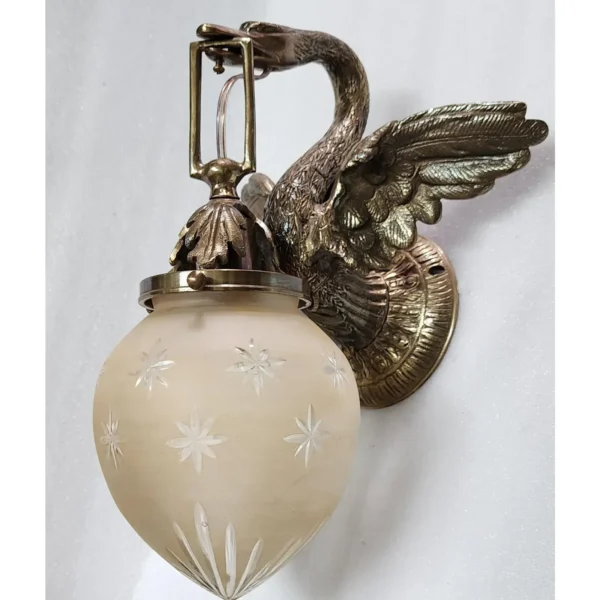 Pair Vintage Art Nouveau Deco Swan Wall Sconces in Brass & Star Glass Shade