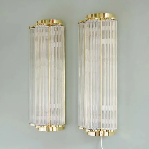 Pair Vintage Skyscraper Art Deco Wall Sconces Fixture Brass & Glass Rod Ship Light