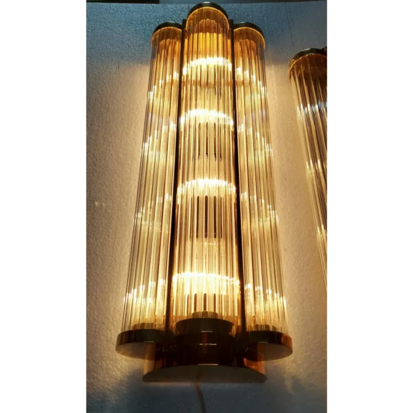 Pair Vintage Skyscraper Art Deco Wall Sconces Fixture Brass & Glass Rod Ship Light