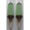Pair Vintage Skyscraper Art Deco Wall Sconces Fixture Brass & Opaline Green Glass Rod Ship Light