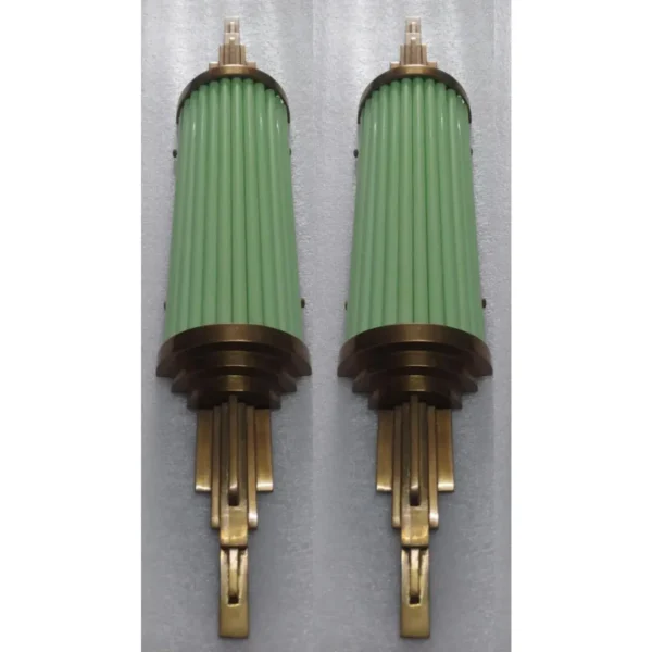 Pair Vintage Skyscraper Art Deco Wall Sconces Fixture Brass & Opaline Green Glass Rod Ship Light
