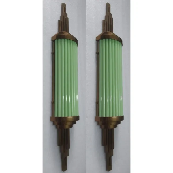Pair Vintage Skyscraper Art Deco Wall Sconces Fixture Brass & Opaline Green Glass Rod Ship Light