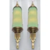 Pair Vintage Skyscraper Art Deco Wall Sconces Fixture Brass & Opaline Green Glass Rod Ship Light
