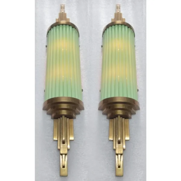 Pair Vintage Skyscraper Art Deco Wall Sconces Fixture Brass & Opaline Green Glass Rod Ship Light