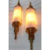 Pair Vintage Skyscraper Art Deco Wall Sconces Fixture in Brass & Opaline Pink Glass Rod Ship Light