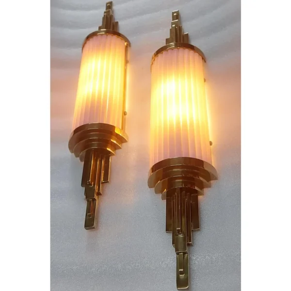 Pair Vintage Skyscraper Art Deco Wall Sconces Fixture in Brass & Opaline Pink Glass Rod Ship Light
