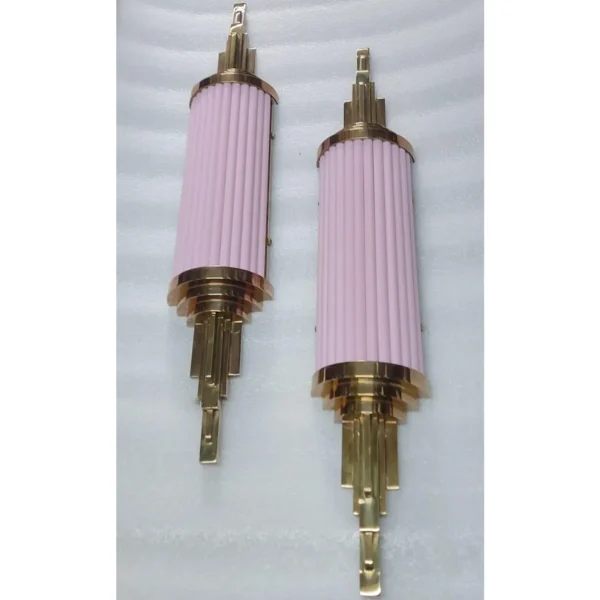 Pair Vintage Skyscraper Art Deco Wall Sconces Fixture in Brass & Opaline Pink Glass Rod Ship Light