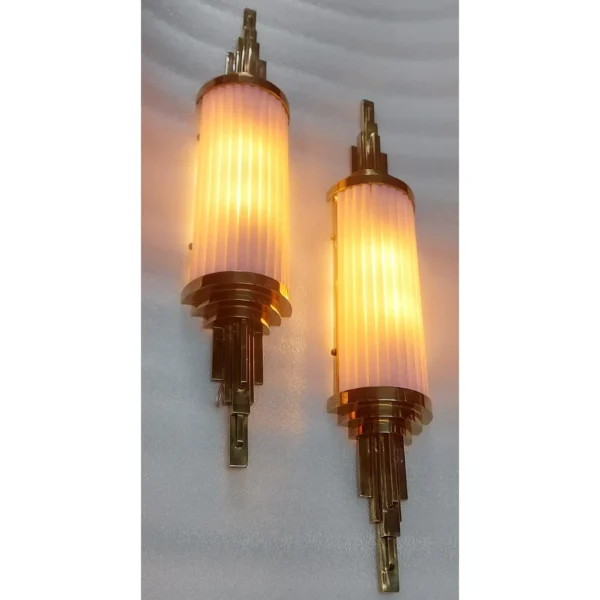 Pair Vintage Skyscraper Art Deco Wall Sconces Fixture in Brass & Opaline Pink Glass Rod Ship Light
