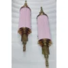 Pair Vintage Skyscraper Art Deco Wall Sconces Fixture in Brass & Opaline Pink Glass Rod Ship Light