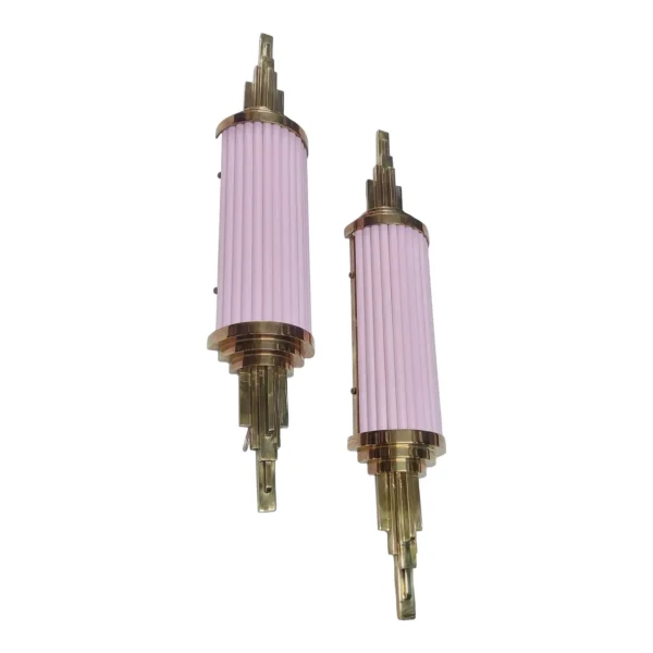 Pair Vintage Skyscraper Art Deco Wall Sconces Fixture in Brass & Opaline Pink Glass Rod Ship Light