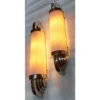 Pair Vintage Skyscraper Art Deco Wall Sconces Fixtures in Nickel Brass & Pink Glass