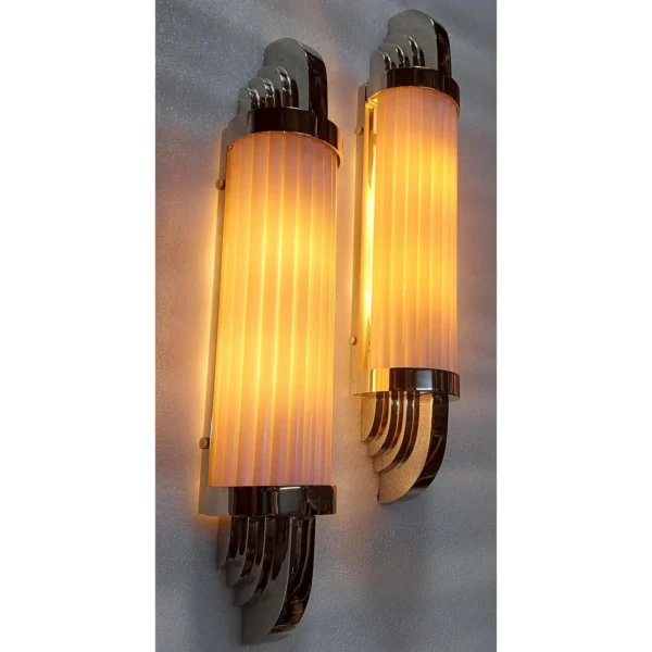 Pair Vintage Skyscraper Art Deco Wall Sconces Fixtures in Nickel Brass & Pink Glass
