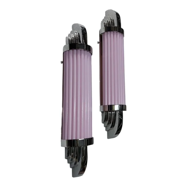Pair Vintage Skyscraper Art Deco Wall Sconces Fixtures in Nickel Brass & Pink Glass