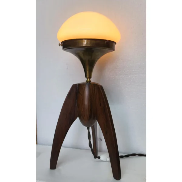 Pair Vintage Art Deco Light Rocket Shape Table Lamp Wooden Brass & Mushroom Milk Glass Shade
