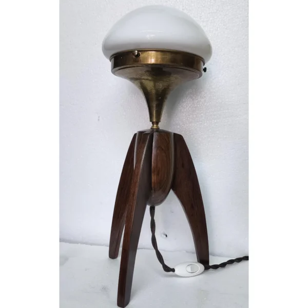 Pair Vintage Art Deco Light Rocket Shape Table Lamp Wooden Brass & Mushroom Milk Glass Shade