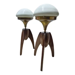 Pair Vintage Art Deco Light Rocket Shape Table Lamp Wooden Brass & Mushroom Milk Glass Shade
