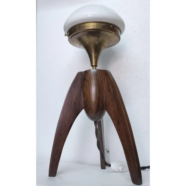 Pair Vintage Art Deco Light Rocket Shape Table Lamp Wooden Brass & Mushroom Milk Glass Shade