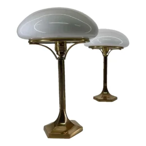Pair Vintage Art Deco Mushroom Shape Table Lamp Brass & Milk Glass Shade