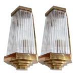 Pair Vintage Art Deco Skyscraper Wall Sconces Fixture Brass & Glass Rod Ship Light