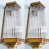 Pair Vintage Art Deco Skyscraper Wall Sconces Fixture Brass & Glass Rod Ship Light