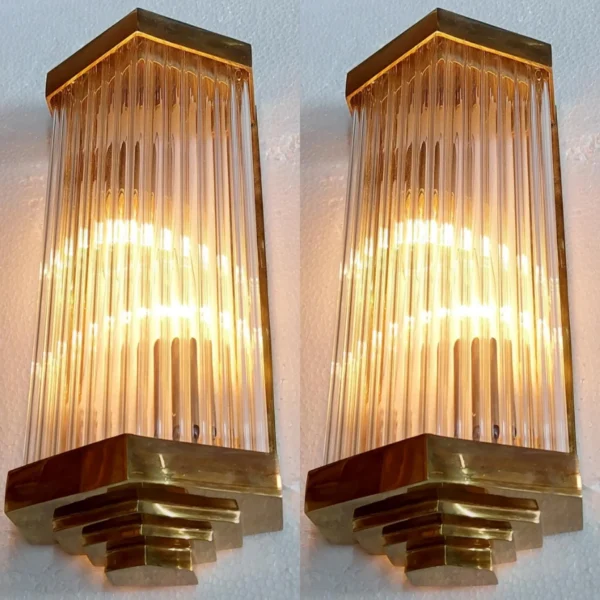 Pair Vintage Art Deco Skyscraper Wall Sconces Fixture Brass & Glass Rod Ship Light