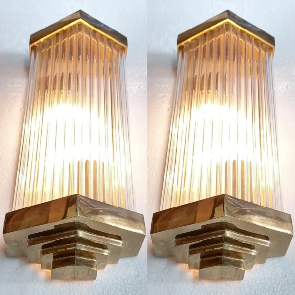 Pair Vintage Art Deco Skyscraper Wall Sconces Fixture Brass & Glass Rod Ship Light