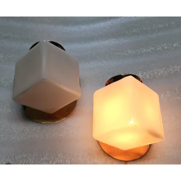 Pair Vintage Art Deco Wall Sconces Fixture Brass Lamp; Cube Milk Glass Shade