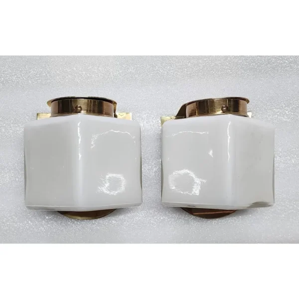 Pair Vintage Art Deco Wall Sconces Fixture Brass Lamp; Cube Milk Glass Shade