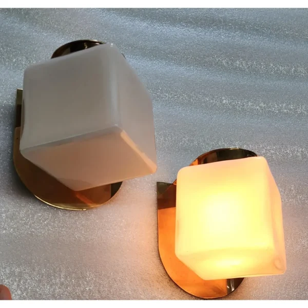 Pair Vintage Art Deco Wall Sconces Fixture Brass Lamp; Cube Milk Glass Shade