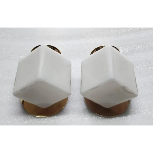 Pair Vintage Art Deco Wall Sconces Fixture Brass Lamp; Cube Milk Glass Shade