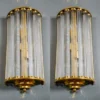 Pair Vintage Art Deco Wall Sconces Fixture Brass & Ribbed Glass Rod Ship Light