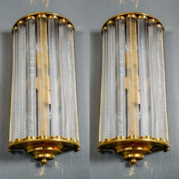 Pair Vintage Art Deco Wall Sconces Fixture Brass & Ribbed Glass Rod Ship Light