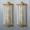 Pair Vintage Art Deco Wall Sconces Fixture Brass & Ribbed Glass Rod Ship Light