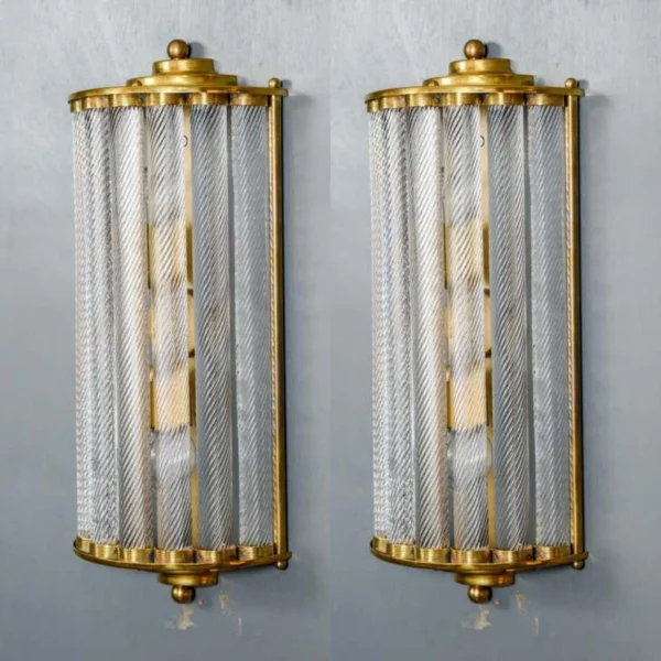 Pair Vintage Art Deco Wall Sconces Fixture Brass & Ribbed Glass Rod Ship Light