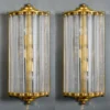 Pair Vintage Art Deco Wall Sconces Fixture Brass & Ribbed Glass Rod Ship Light