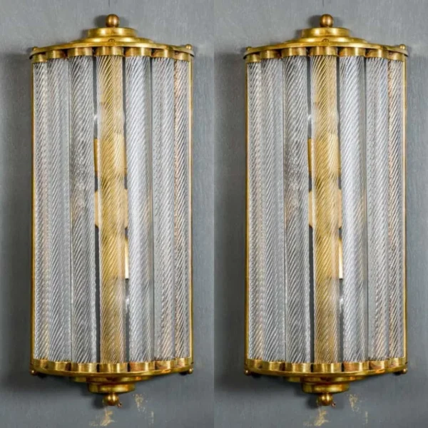 Pair Vintage Art Deco Wall Sconces Fixture Brass & Ribbed Glass Rod Ship Light