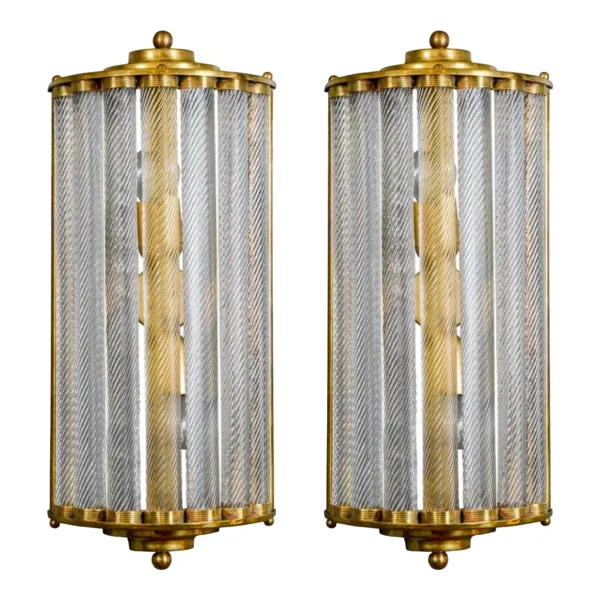 Pair Vintage Art Deco Wall Sconces Fixture Brass & Ribbed Glass Rod Ship Light