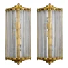 Pair Vintage Art Deco Wall Sconces Fixture Brass & Ribbed Glass Rod Ship Light