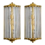 Pair Vintage Art Deco Wall Sconces Fixture Brass & Ribbed Glass Rod Ship Light