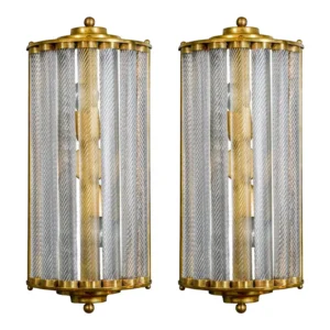 Pair Vintage Art Deco Wall Sconces Fixture Brass & Ribbed Glass Rod Ship Light