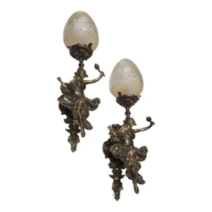 Pair Vintage Art Nouveau Deco Mermaid Wall Sconces in Brass & Glas
