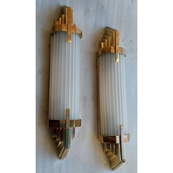 Pair Vintage Skyscraper Art Deco Wall Sconces Fixture Brass & Frosted Glass Rod Ship Light